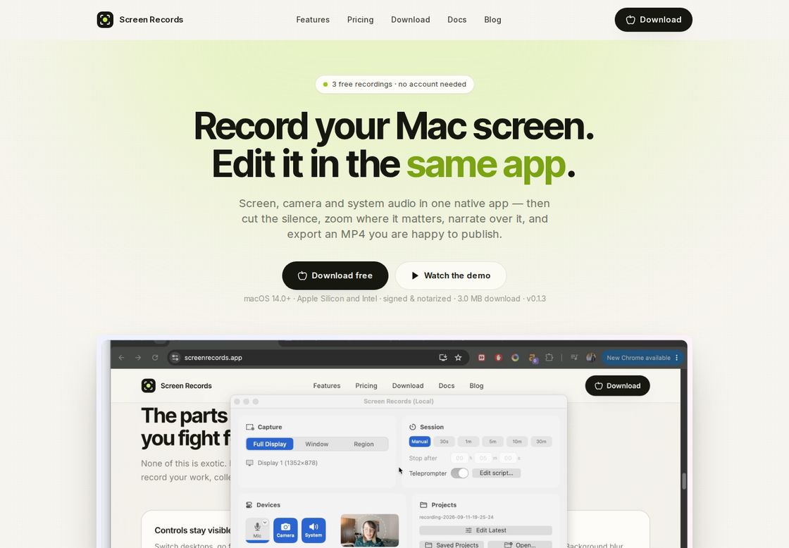 ScreenRecords homepage, first screen