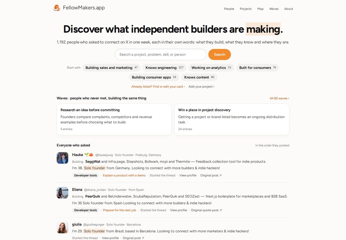 FellowMakers homepage, first screen