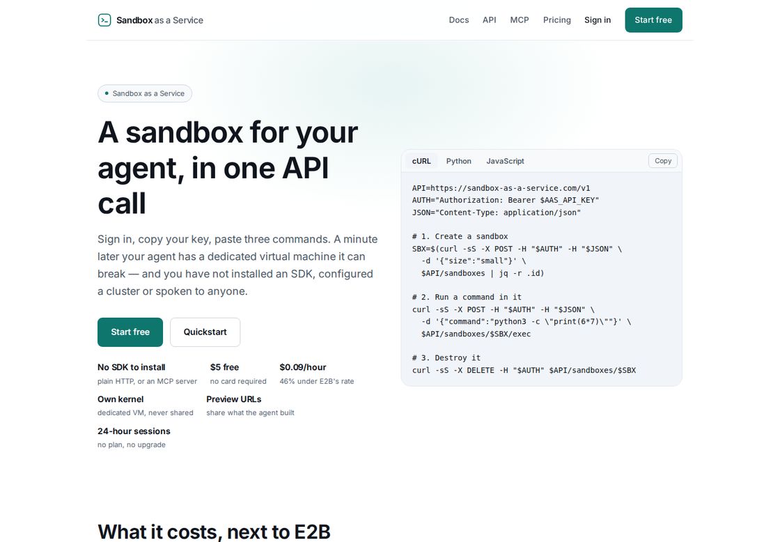 Sandbox as a Service homepage, first screen