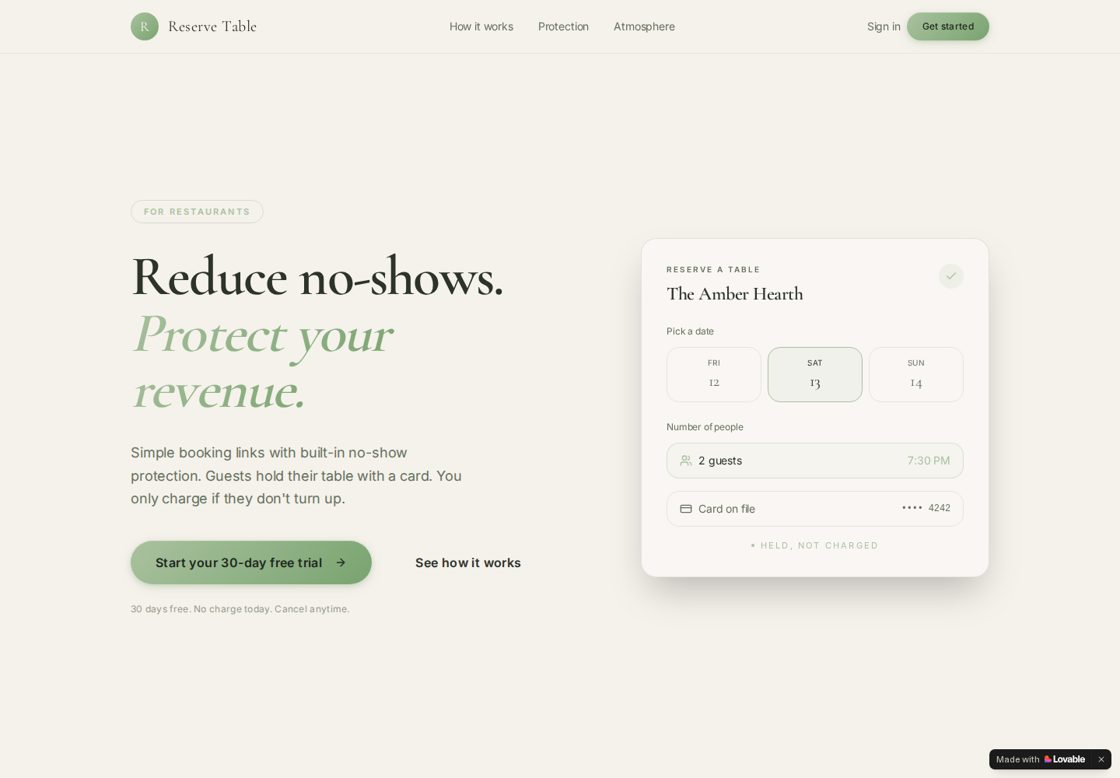 Reserve Table homepage, first screen
