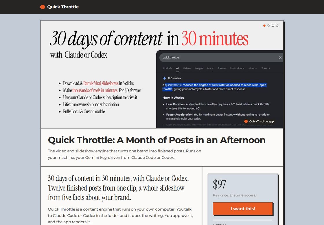 Quickthrottle homepage, first screen