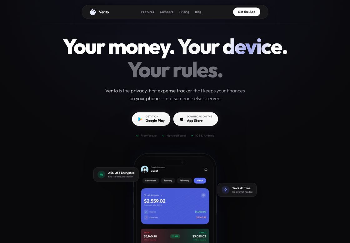Vento homepage, first screen