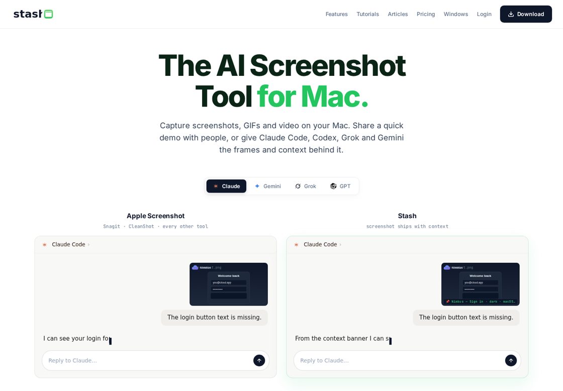 Stash homepage, first screen