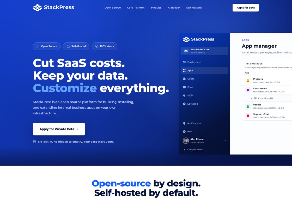 StackPress homepage, first screen