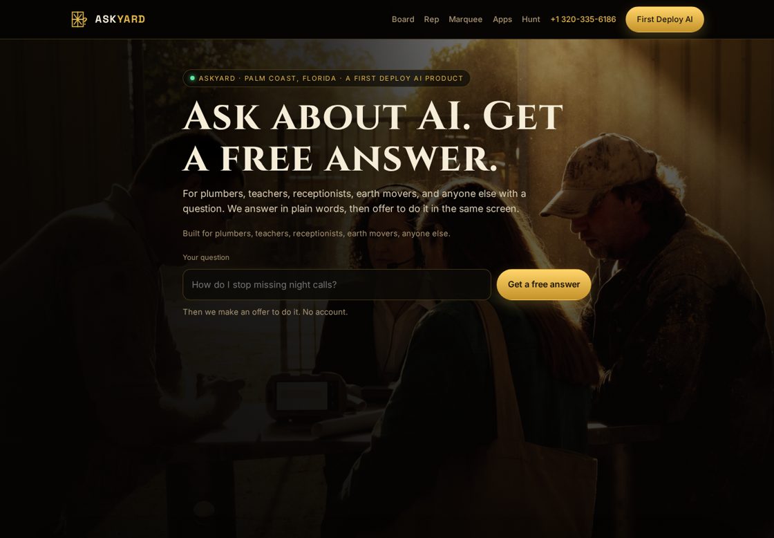 AskYard homepage, first screen