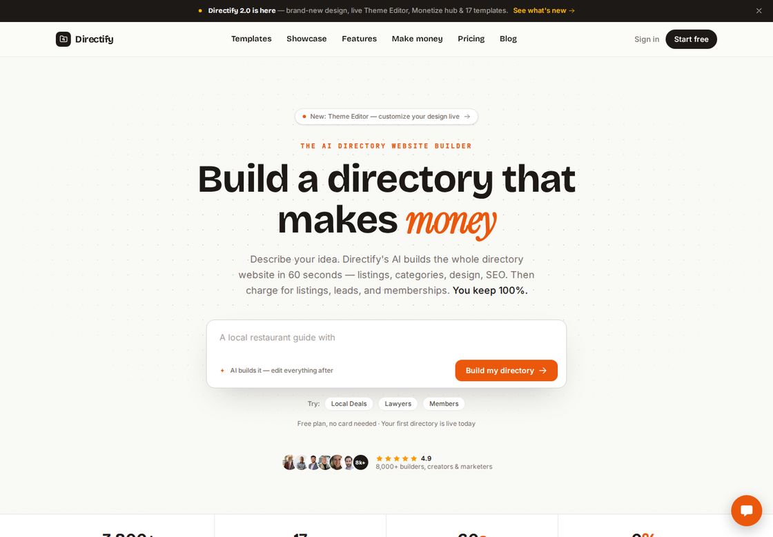 Directify homepage, first screen