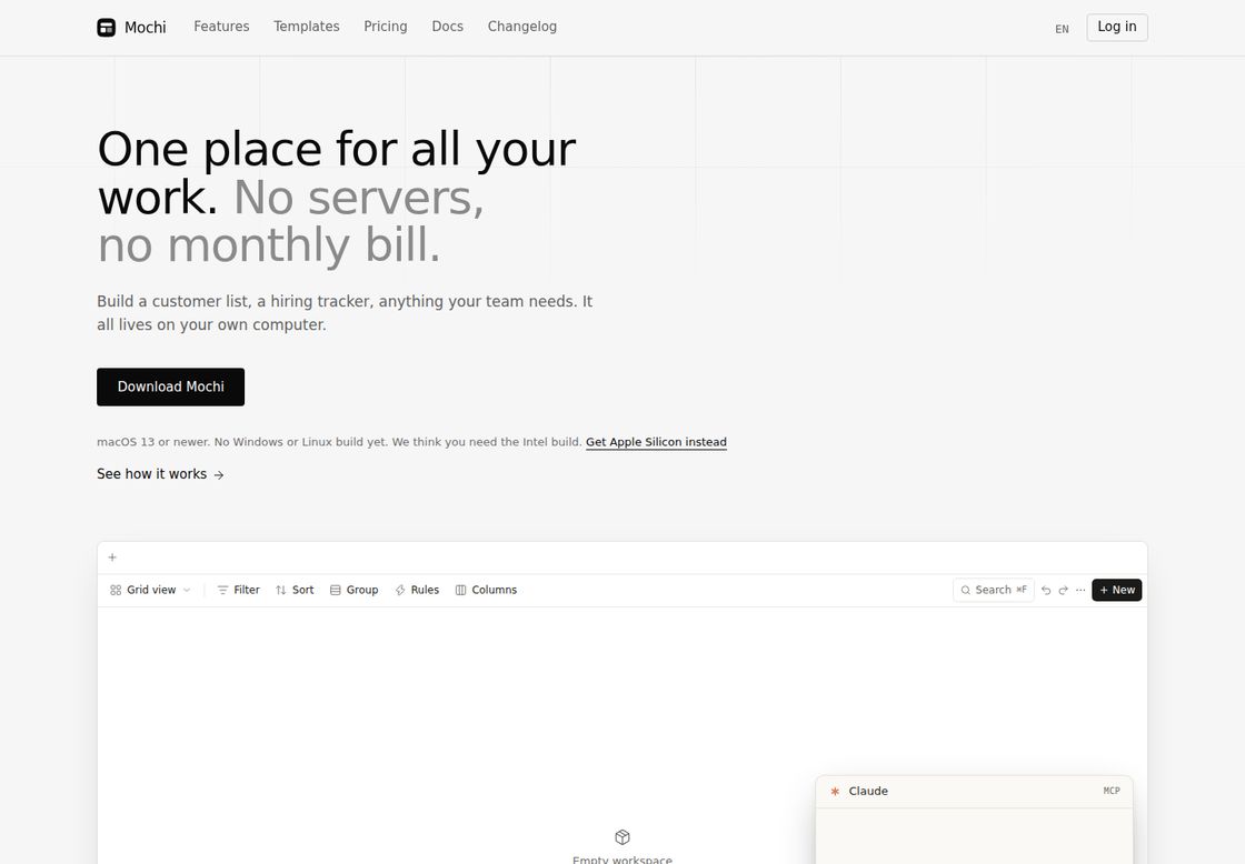Mochi homepage, first screen