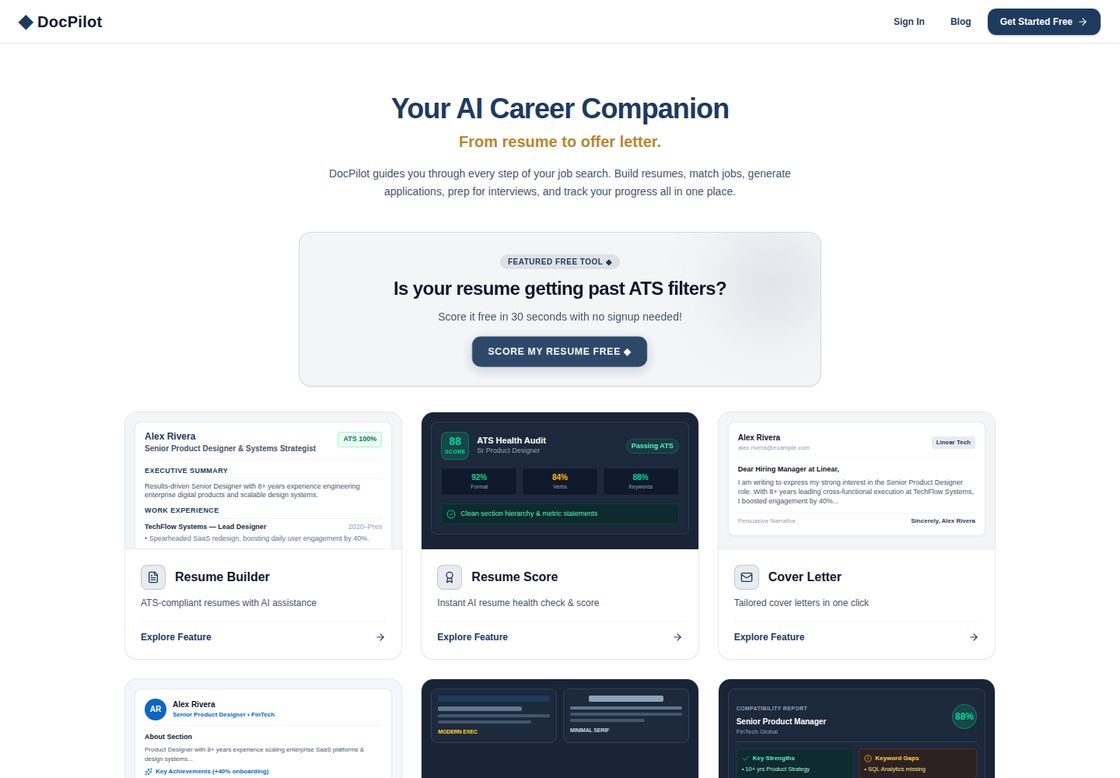 DocPilot homepage, first screen