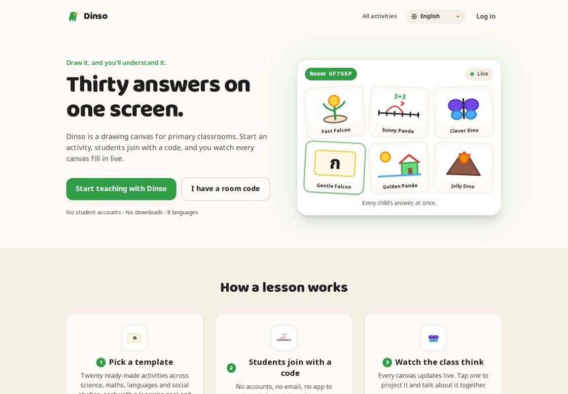 Dinso homepage, first screen