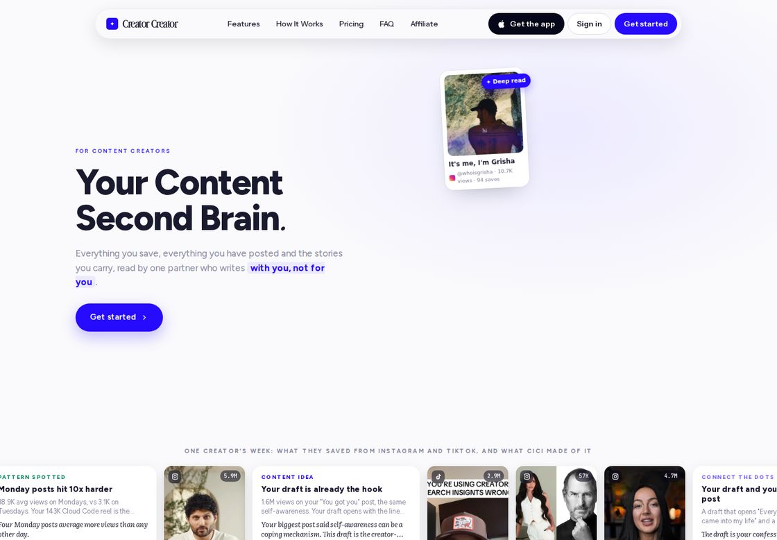 Creator Creator homepage, first screen