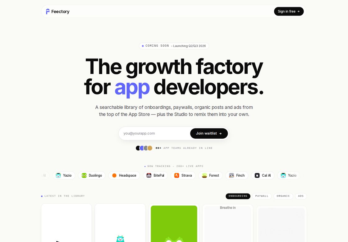 Feectory homepage, first screen