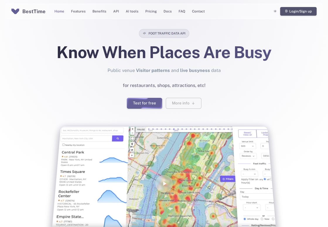 BestTime homepage, first screen