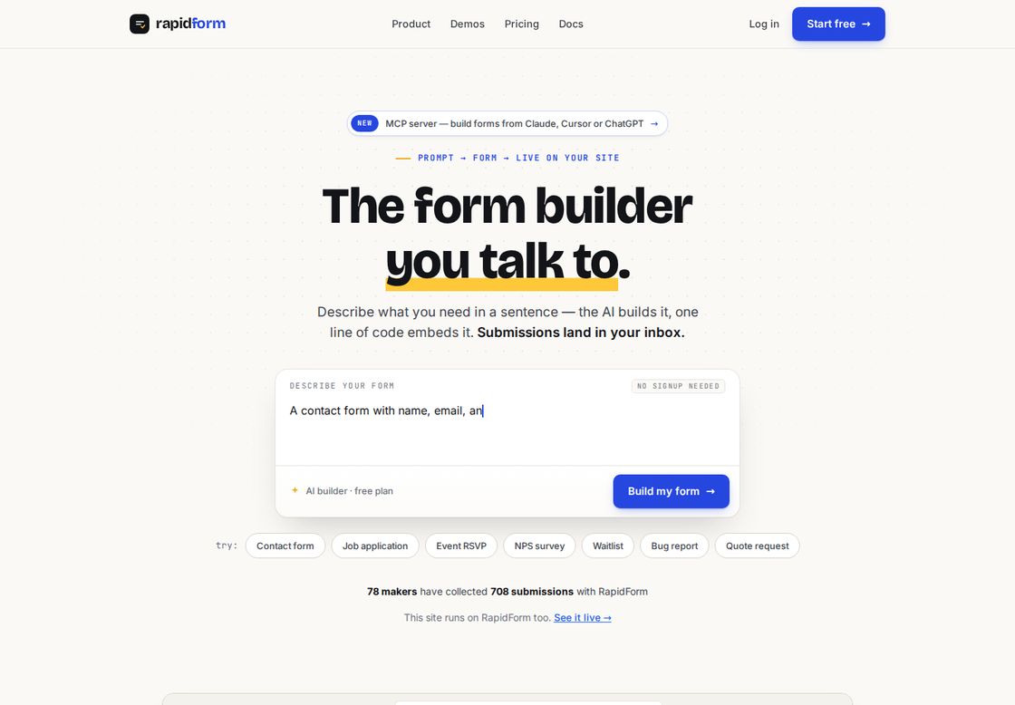 RapidForm homepage, first screen
