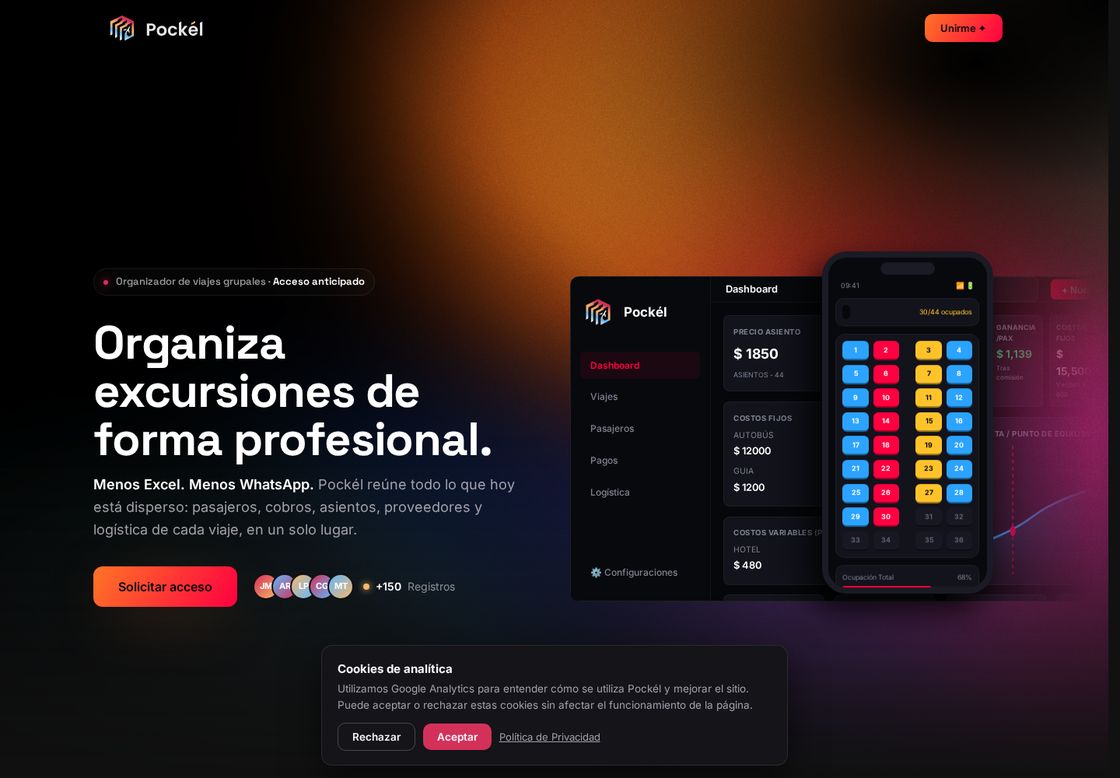 Pockél homepage, first screen