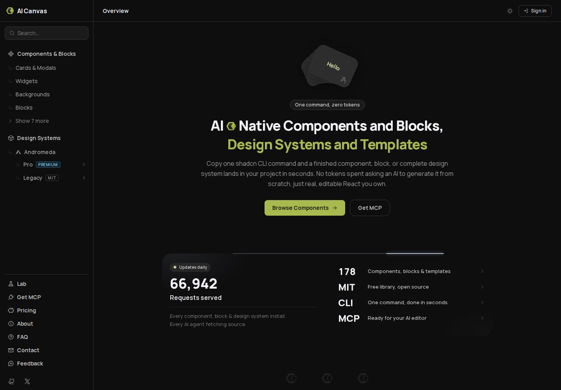 AI Canvas homepage, first screen