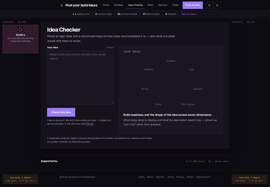 Idea Checker homepage, first screen