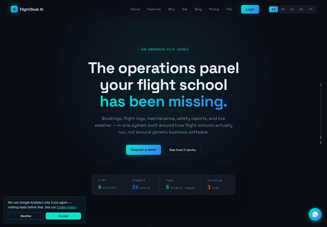 FlightDesk AI homepage, first screen
