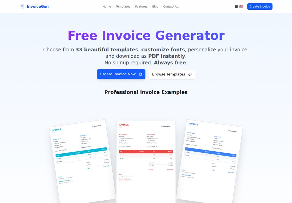 InvoiceGenFree homepage, first screen