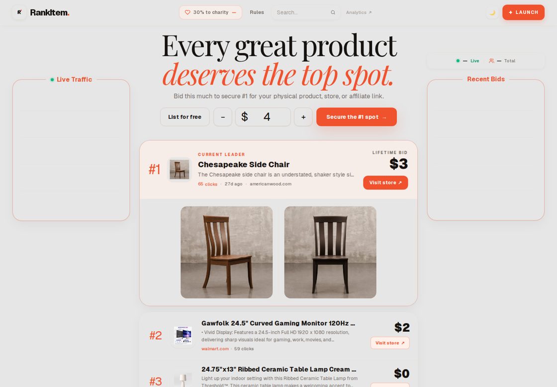 Rankitem homepage, first screen