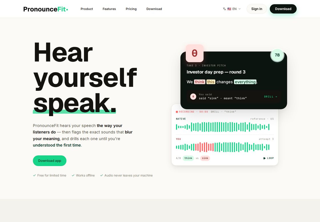 PronounceFit homepage, first screen