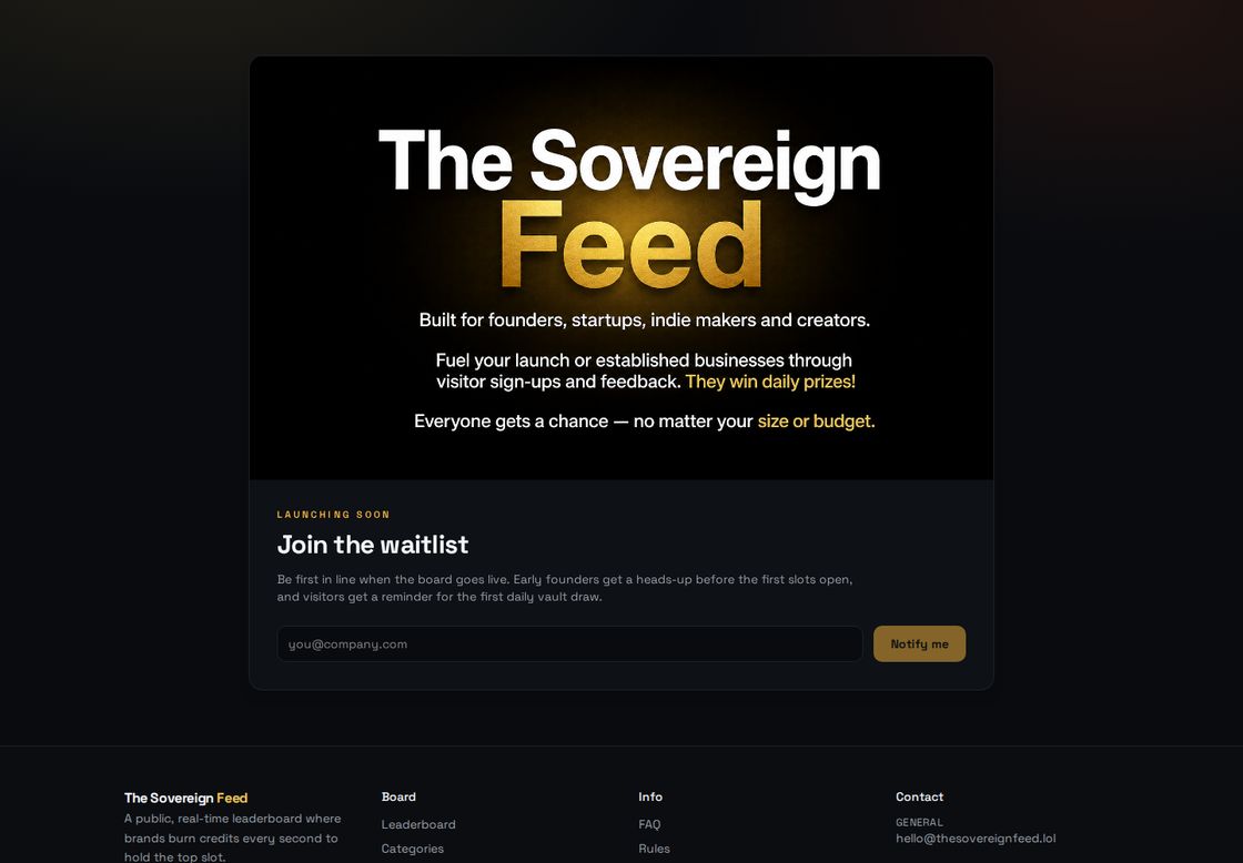 The Sovereign Feed homepage, first screen