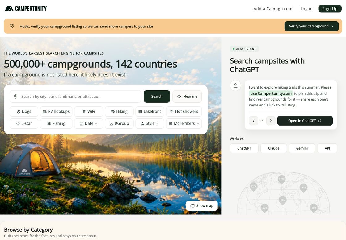 Campertunity homepage, first screen