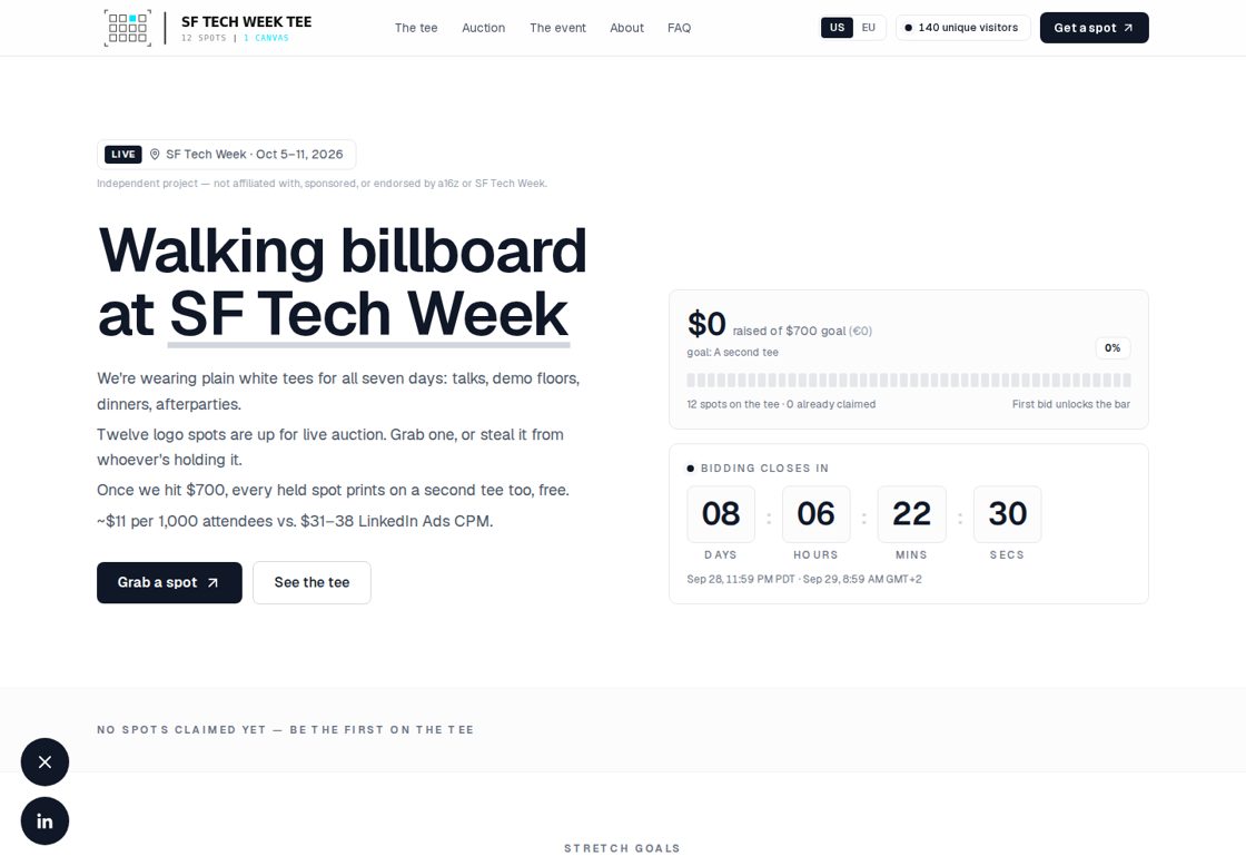 SF Tech Week Tee homepage, first screen