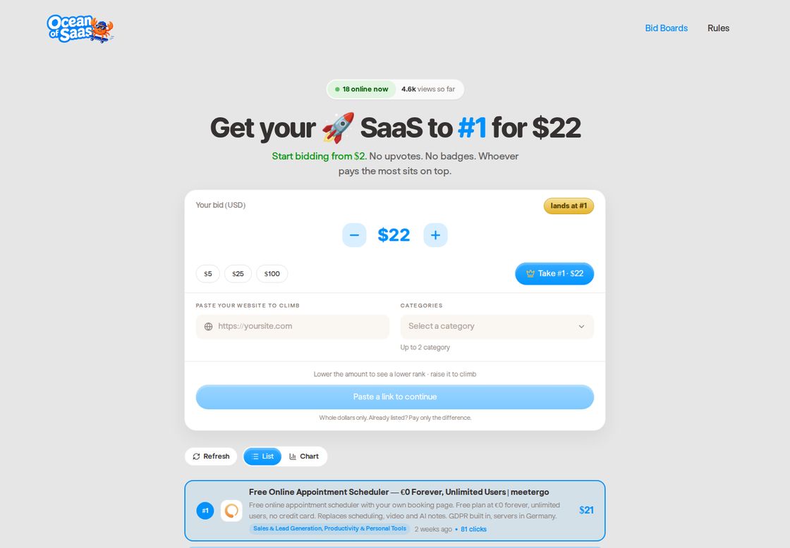 Ocean of SaaS homepage, first screen