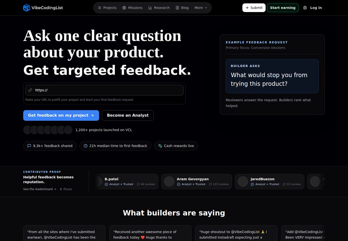 VibeCodingList homepage, first screen