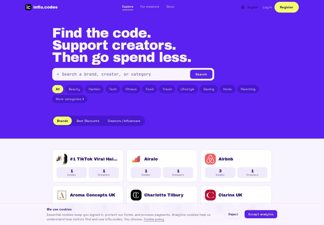 influ.codes homepage, first screen