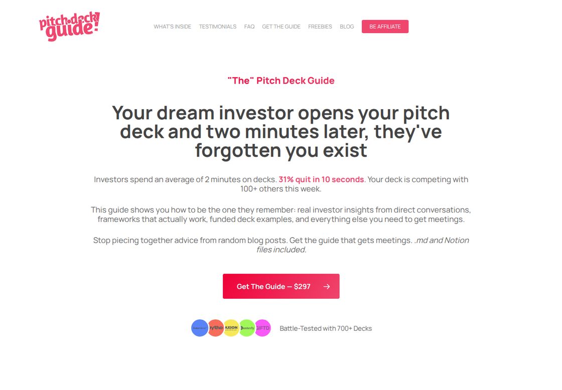 Pitch Deck Guide homepage, first screen