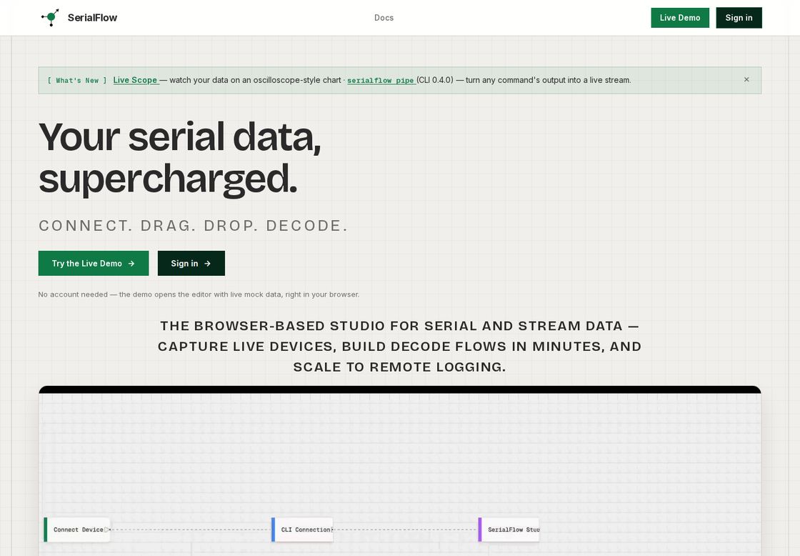 SerialFlow homepage, first screen