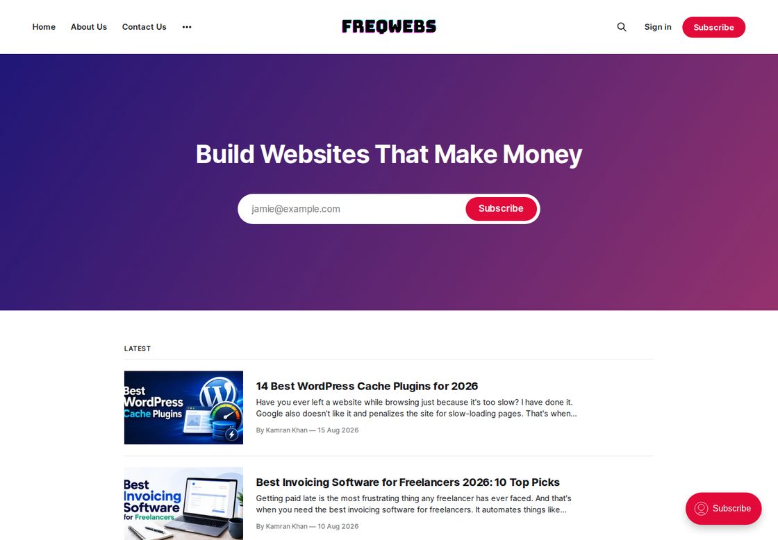Freqwebs homepage, first screen