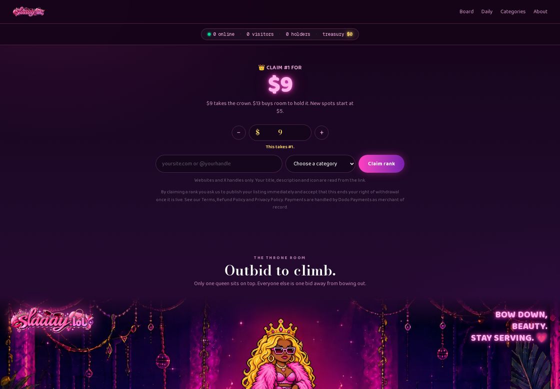 slaaay.lol homepage, first screen