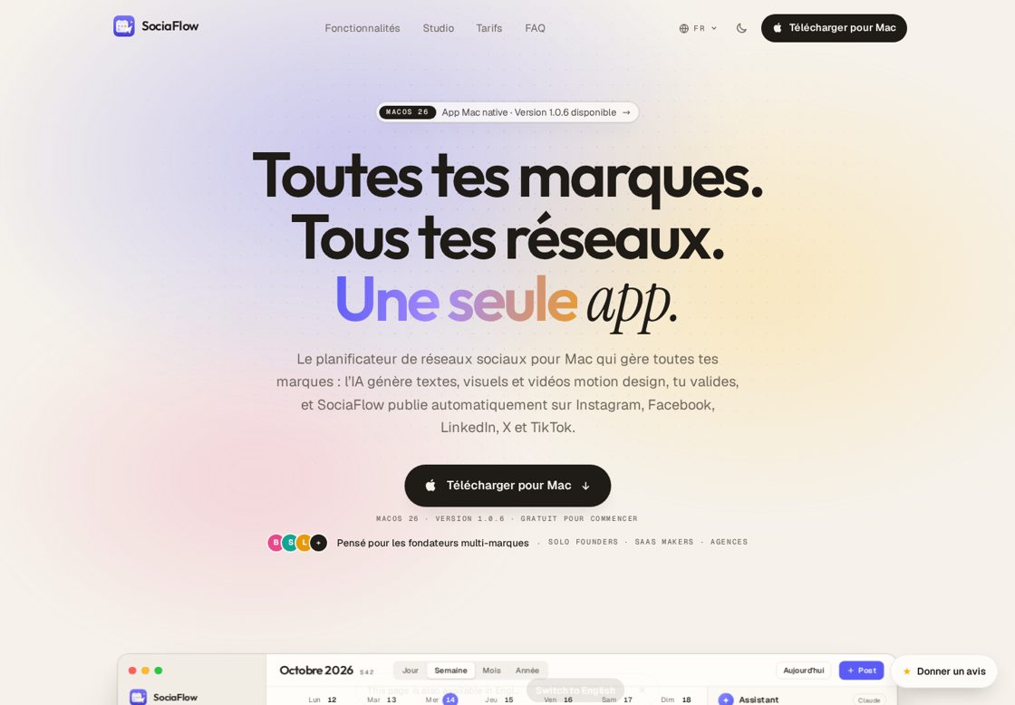 SociaFlow homepage, first screen