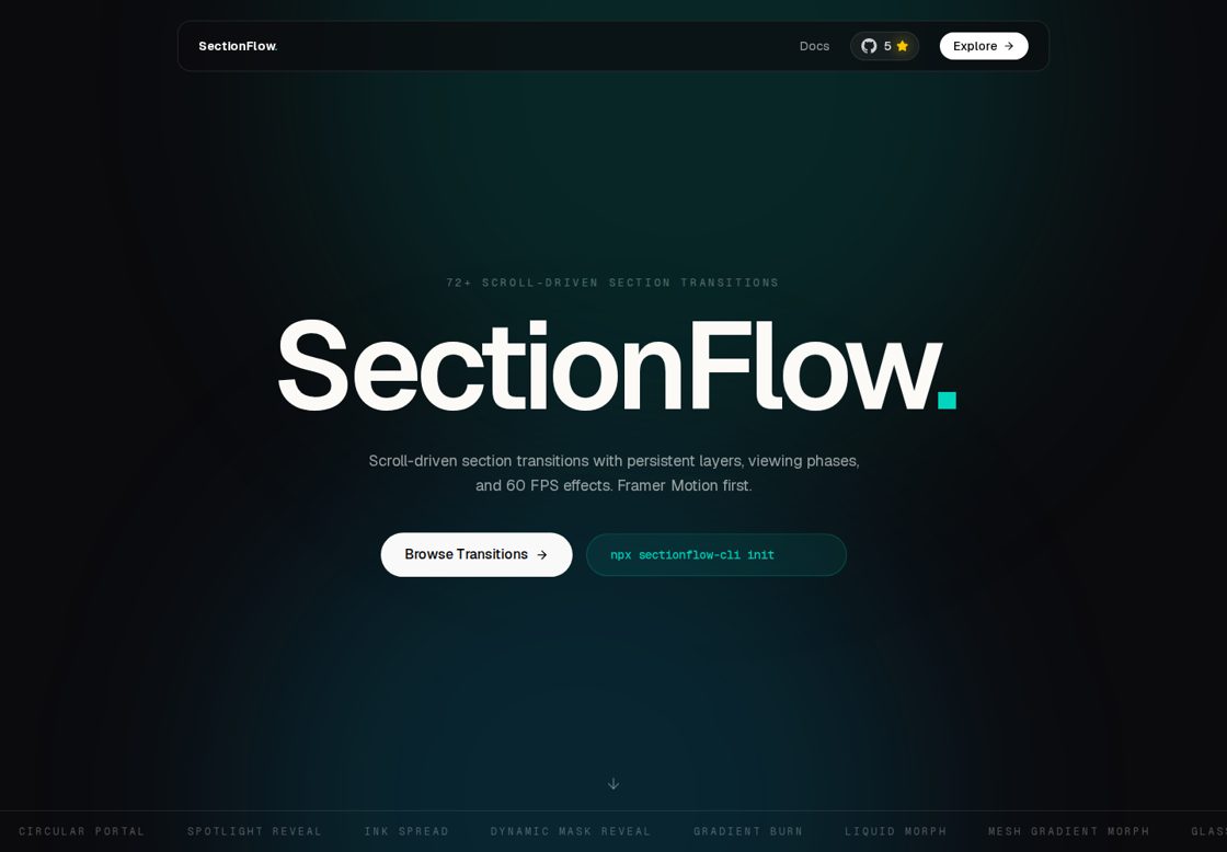 SectionFlow homepage, first screen