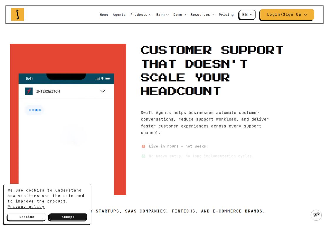 Swift Agents homepage, first screen