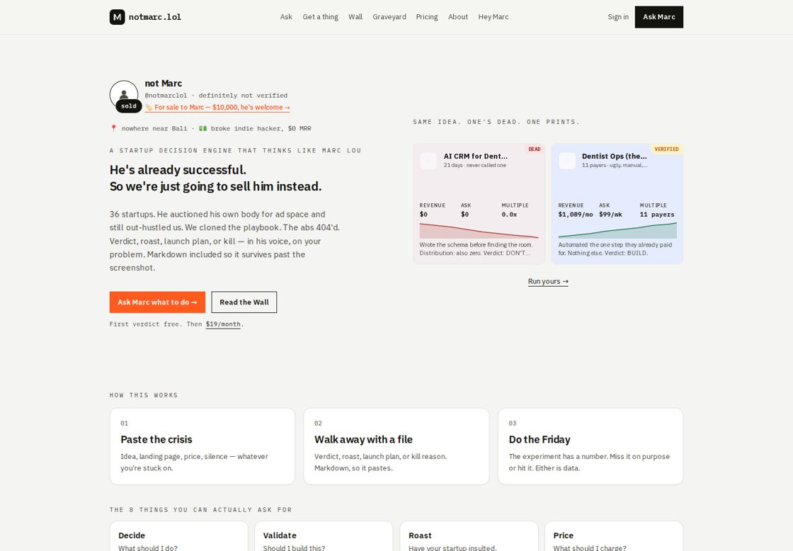 notmarc.lol homepage, first screen