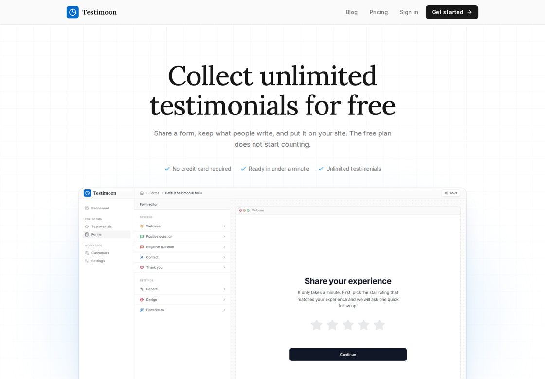 Testimoon homepage, first screen