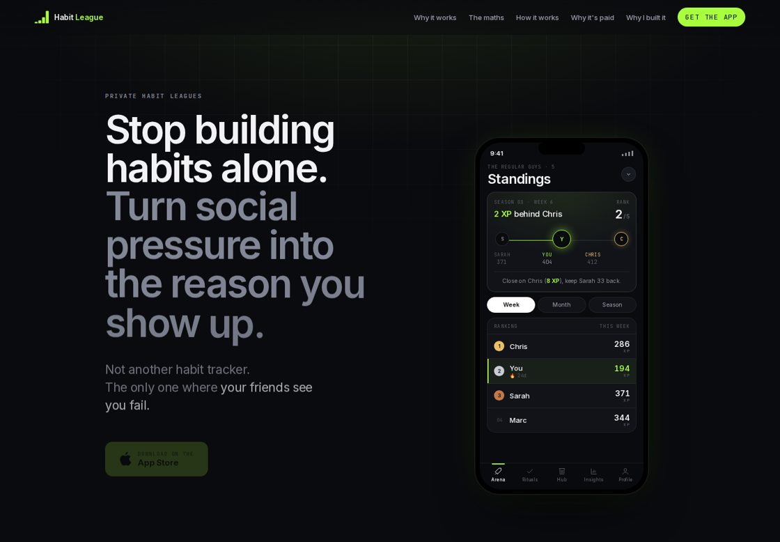 Habit League homepage, first screen