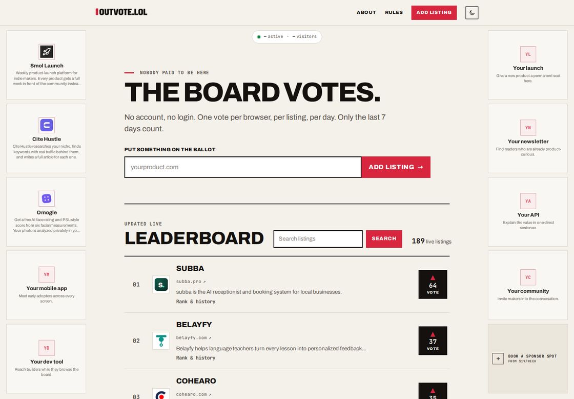 outvote homepage, first screen