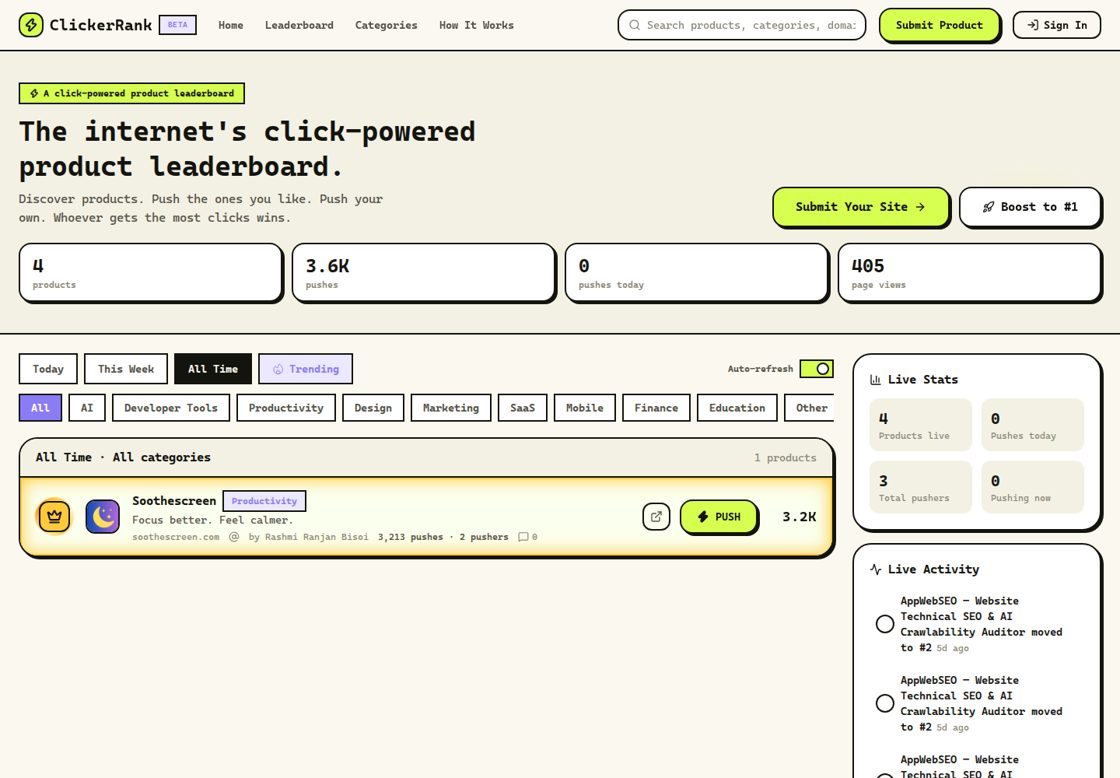 ClickerRank homepage, first screen