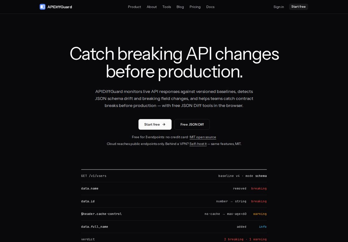 APIDiffGuard homepage, first screen