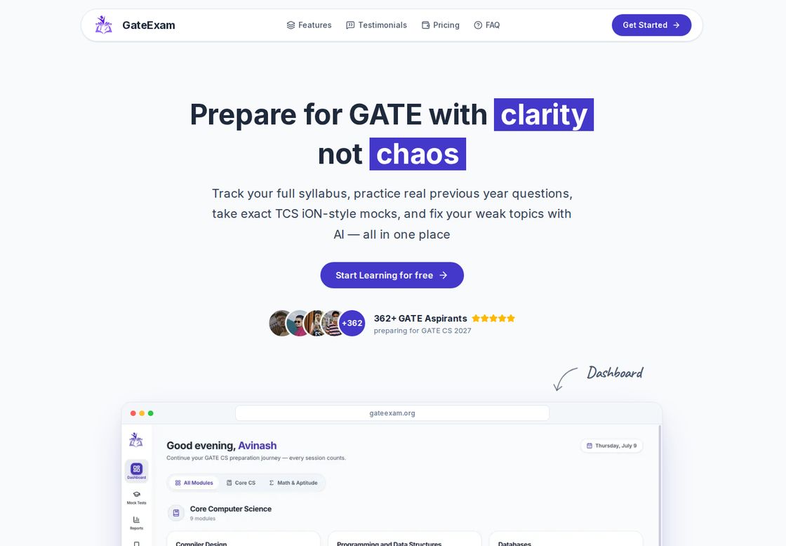 GateExam homepage, first screen