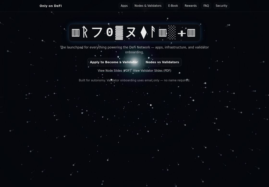 DeFi Network homepage, first screen