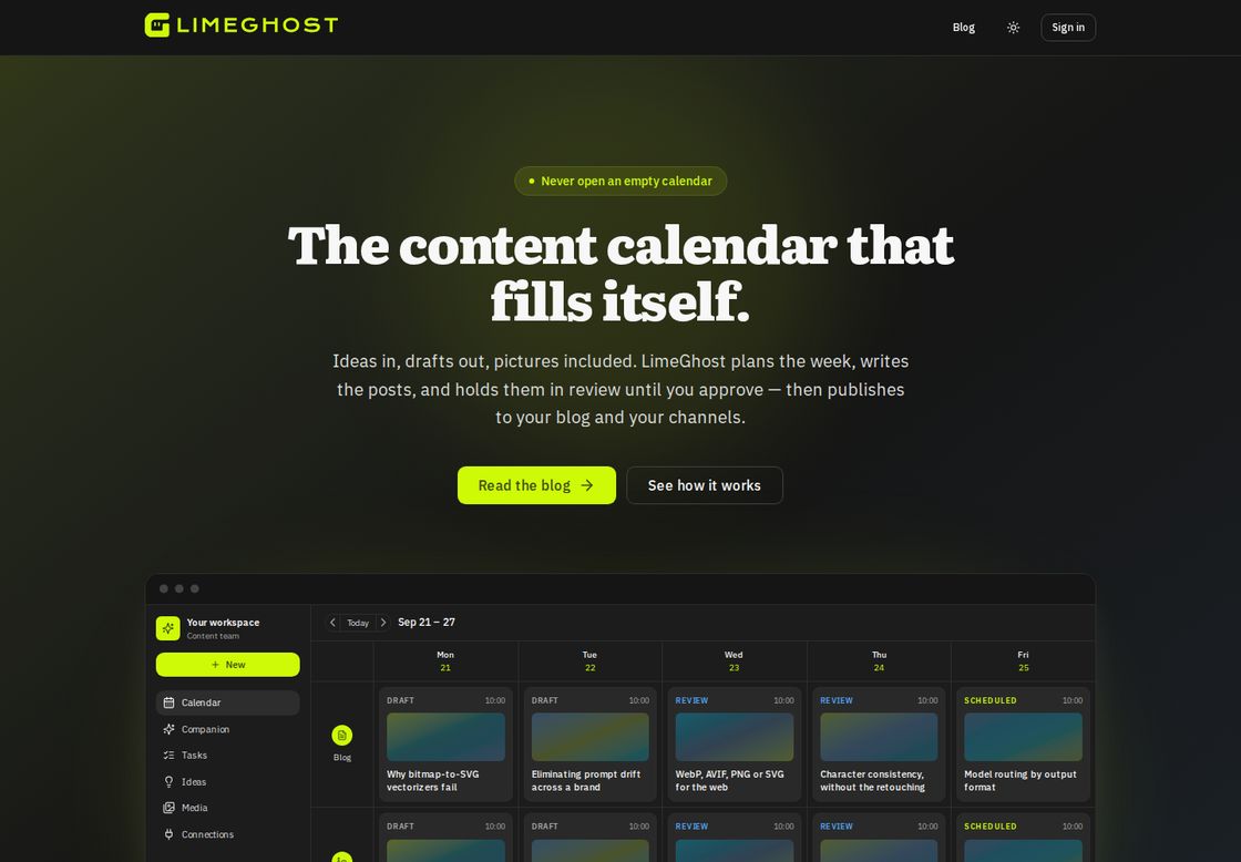 LimeGhost homepage, first screen
