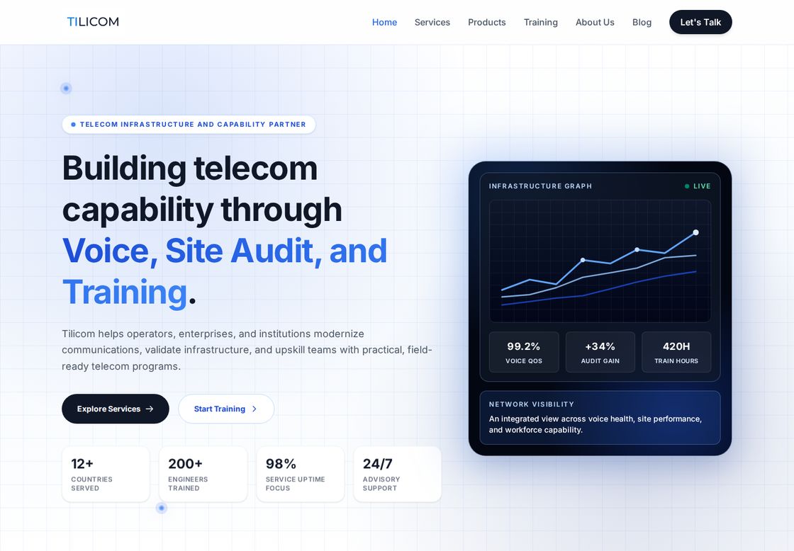 Tilicom homepage, first screen