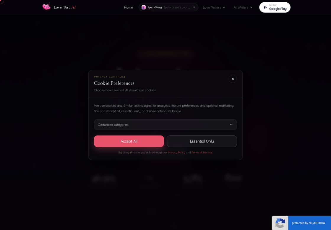 LoveTestAI homepage, first screen