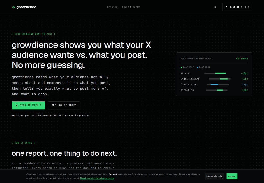 growdience homepage, first screen