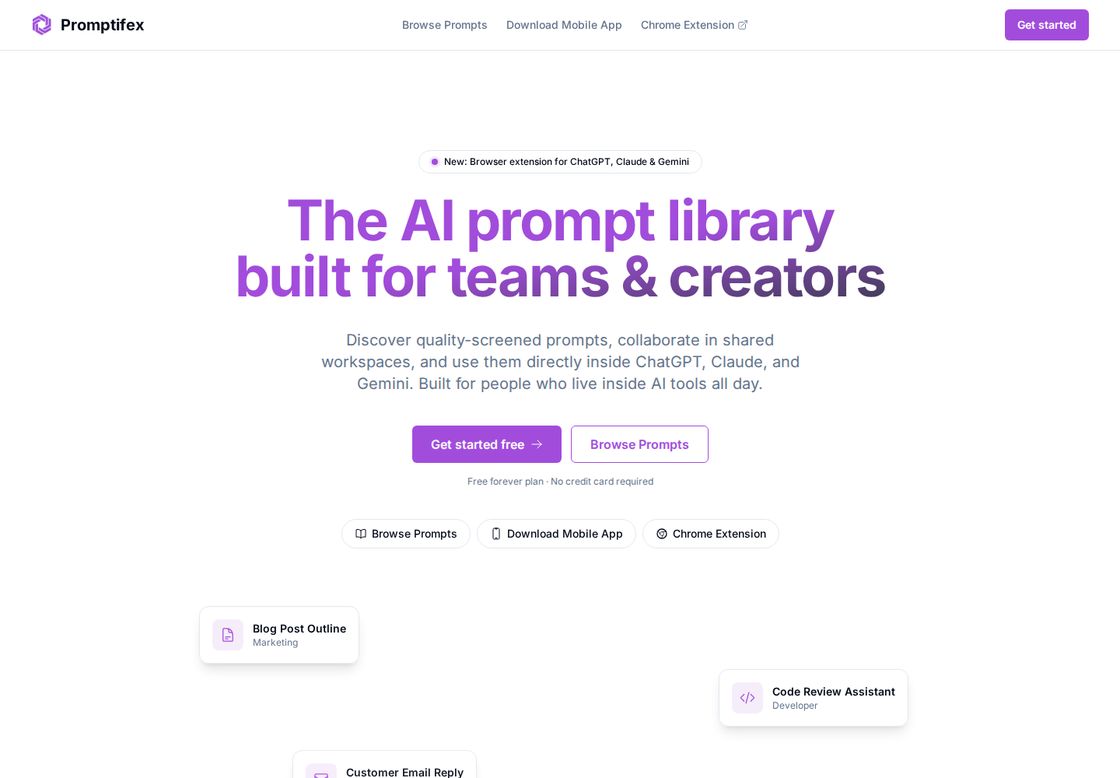 Promptifex homepage, first screen